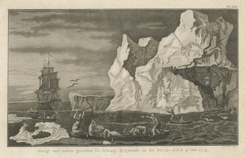 Old Print from Capt. Cooks Travels with Boats and a Ship in the South Sea, 1803, close-up 1