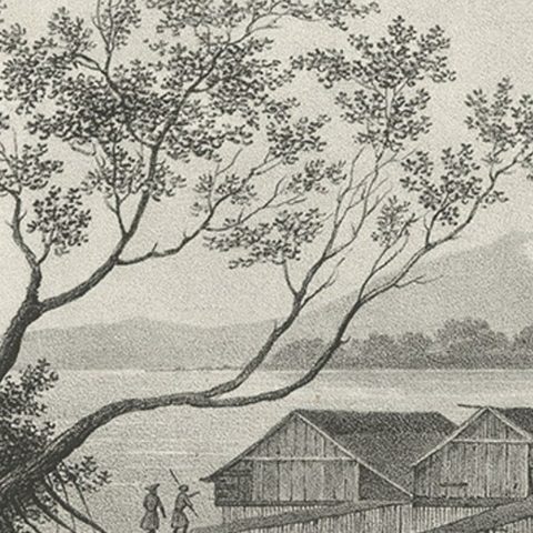 Original Lithograph with a Scene of a Village and Harbour in New Guinea, c.1836, close-up 2