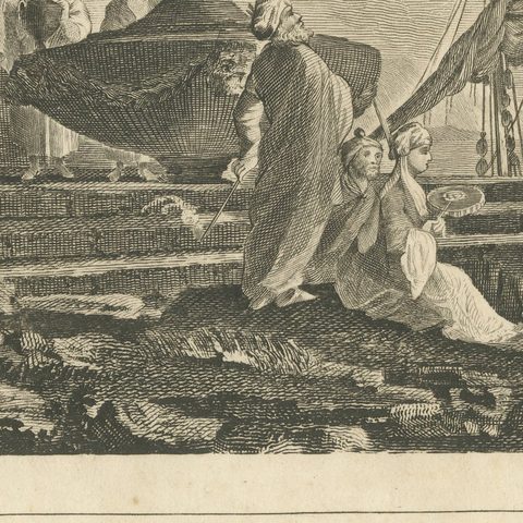 View in the Levant, Ottoman Harbour and Fortress, Antique Engraving, circa 1820, close-up 3