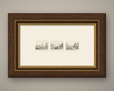 Hawaiian Volcanoes & Valleys, Antique Voyage Engravings, Renzi, Paris 1836, shown framed