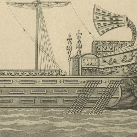 Original Antique Print of an Ancient Galley, 1802, close-up 2