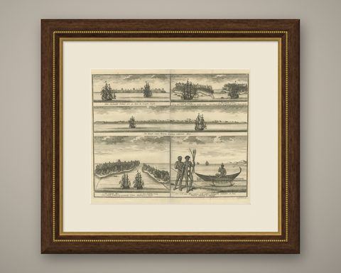VOC Ships, Native People & Coastal Views of Islands near Papua New Guinea, 1726, shown framed