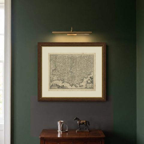 Original Antique Map of the Southern Coast of France by Janssonius, 1657, shown framed on a wall