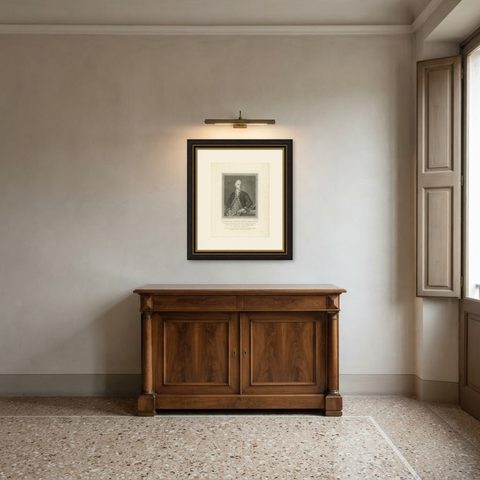 Antique Portrait of Bentinck, a Dutch Naval Hero by Vinkeles, shown framed in a room