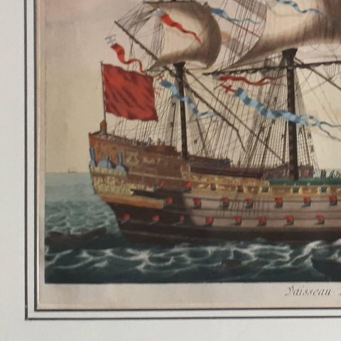 Antique Print of the Royal Flagship of the English Fleet by P. Mortier, c.1693, close-up 1