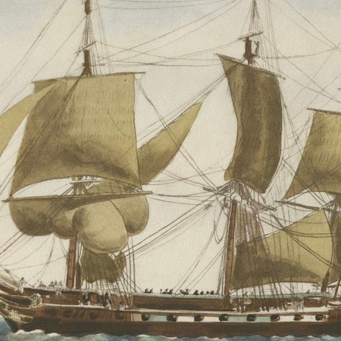 Before the Gales: An English Frigate Awaiting Wind, circa 1920, close-up 5