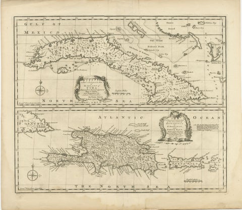 Antique Map of Cuba & Hispaniola, Caribbean Sea Chart by Bowen, 1744, view 3