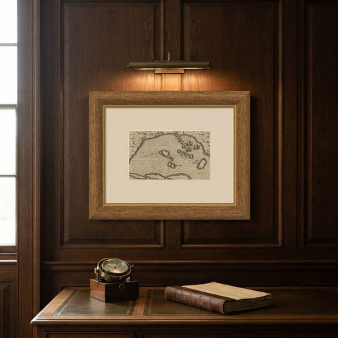 Small Map of Bantam with Dutch Ships and an Engraving of Portugese, 1614, shown framed on a wall