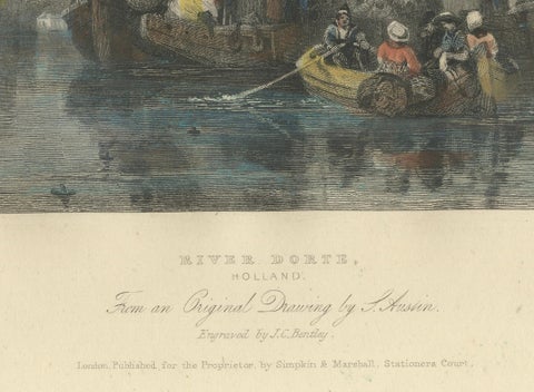 Hand-Colored Engravings of Dutch Maritime Scenes: Amsterdam and River Dort, 1830, close-up 4