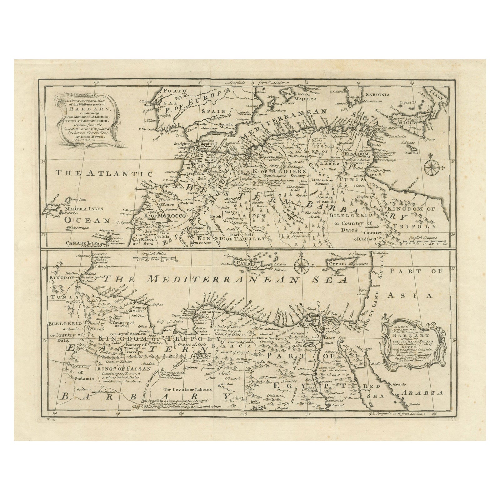 Mediterranean & Barbary Coast, Elegant 18th Century Map by Bowen, c.1747