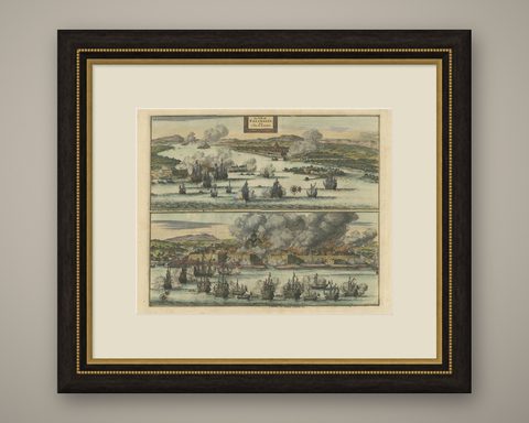 Antique Print of the Dutch VOC Bombing Palembang, Sumatra (Indonesia), ca.1700, shown framed