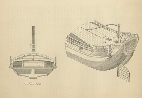 Antique Print of a Japanese Junk Cross Section, 1856, close-up 2