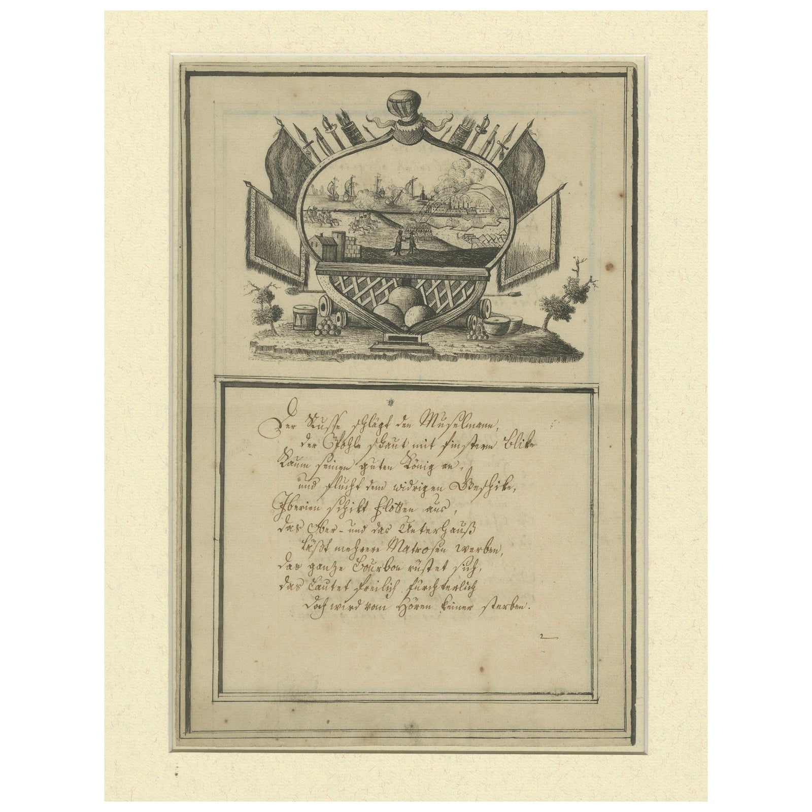 18th-Century German Engraving, Allegory of War, Poem & Naval View