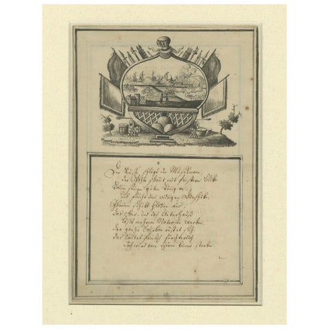 18th-Century German Engraving, Allegory of War, Poem & Naval View