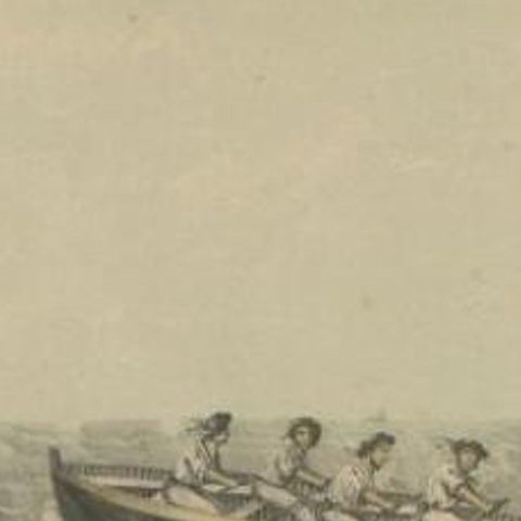 Antique Print of Ships and a Rowing Boat in Old Handcoloring, circa 1880, close-up 2