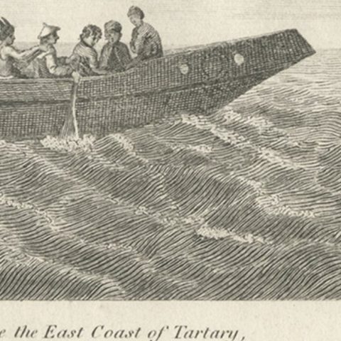 Antique Print of a Canoe of Chukotka, Tartary, 1800, close-up 2