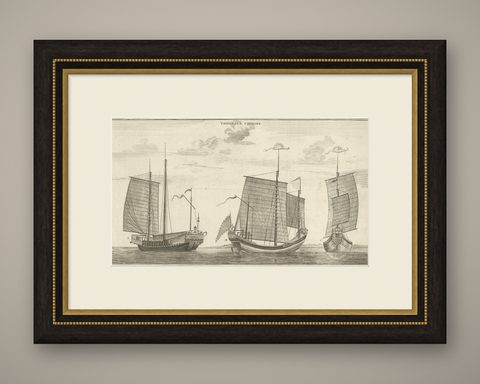 Antique Original Engraving of Chinese Vessels in the 18th Century, 1765, shown framed
