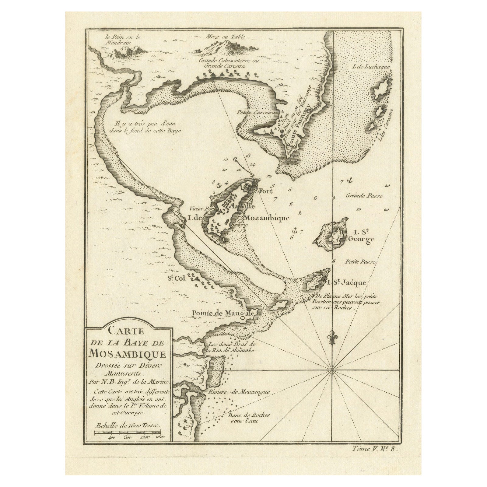 Mozambique Bay, French Naval Sea Chart by Bellin, c.1765
