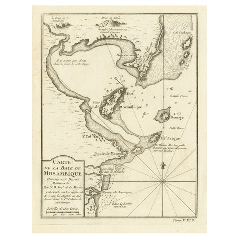 Mozambique Bay, French Naval Sea Chart by Bellin, c.1765