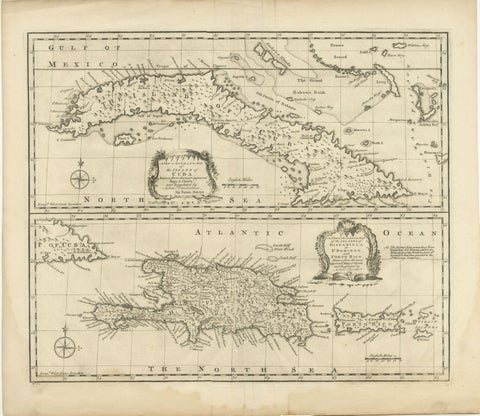 Antique Map of Cuba & Hispaniola, Caribbean Sea Chart by Bowen, 1744, view 2