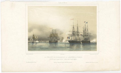 Antique Litograph of a Combat Between French and British Ships, 1844, view 2