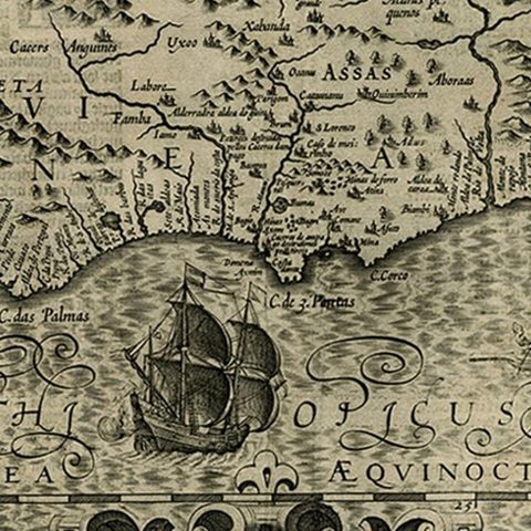 Old Decorative Map of the West African Coast & St. Thomae Island, c.1600, close-up 2