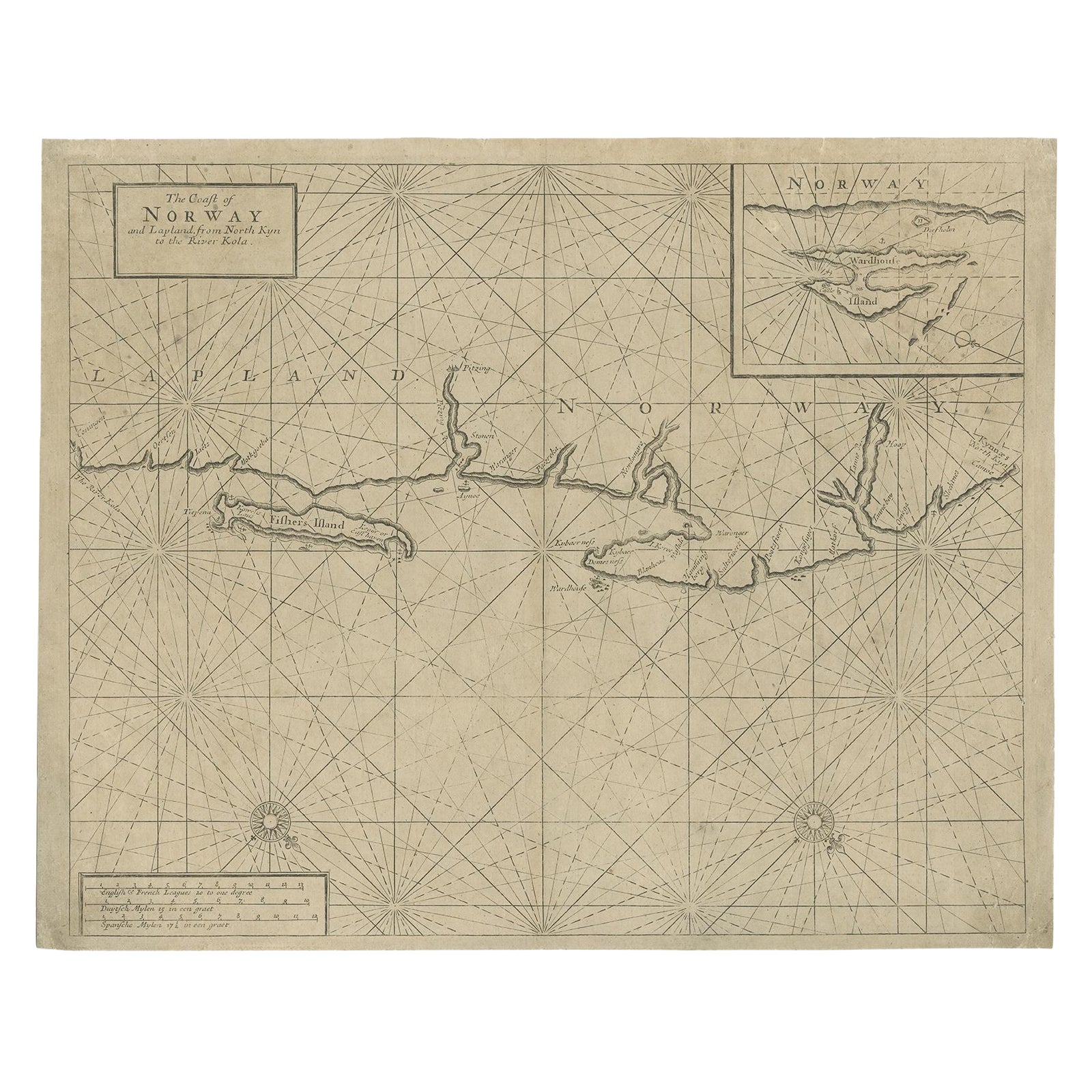 Old Sea Chart of Northern Norway, also depicting Part of Lapland & Russia, 1702