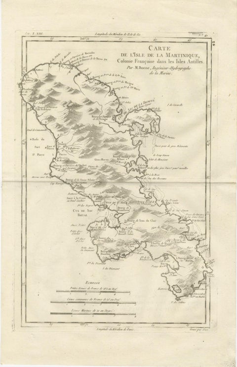 Antique Map Martinique Caribbean Island Chart, Rigobert Bonne French Map, c.1780, view 3
