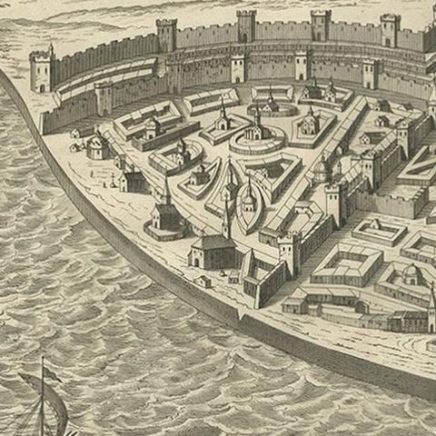 Antique Print of the City and Port of Ptolemais in Phoenicia by A. Calmet, 1725, close-up 1