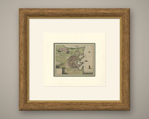 City and Harbour of Rhodes, Olfert Dapper, 1688 Hand-Coloured Engraving, shown framed