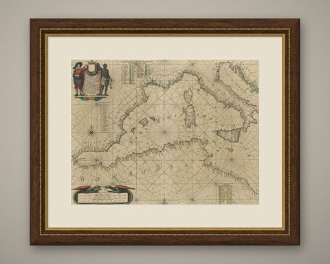 Original Antique Engraving of a Sea Chart of the Western Mediterranean, ca.1650, shown framed