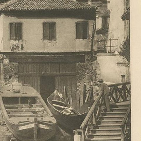 Pl. 12 Antique Print of a Boatbuilding yard on the Bottesela Canal, circa 1890, close-up 1