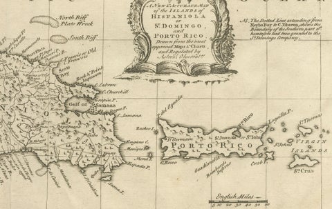 Antique Map of Cuba & Hispaniola, Caribbean Sea Chart by Bowen, 1744, close-up 1