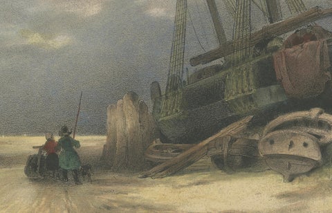 1835 Hand-Colored Lithograph: Stranded Ship in Winter Landscape, close-up 4