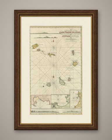Nautical Chart of Cape Verde Islands by J.W. Norie, 1824 Coastal Map, shown framed