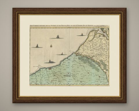 Beautiful Antique Map of the French Coast, from St. Valeri to Dieppe, 1720, shown framed