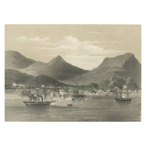 Old Military Scene of Dutch Ships Bombing Atchin in Sumatra, Indonesia, 1784