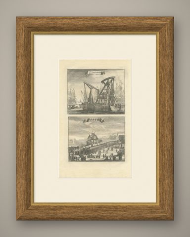 Antique Print of Ship Cranes and a Bridge in Amsterdam, circa 1730, shown framed
