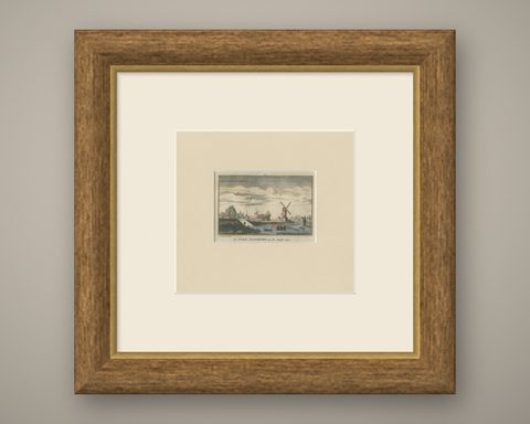 Antique Print of a Harbor Near the Amstel River in Amsterdam, c.1730, shown framed