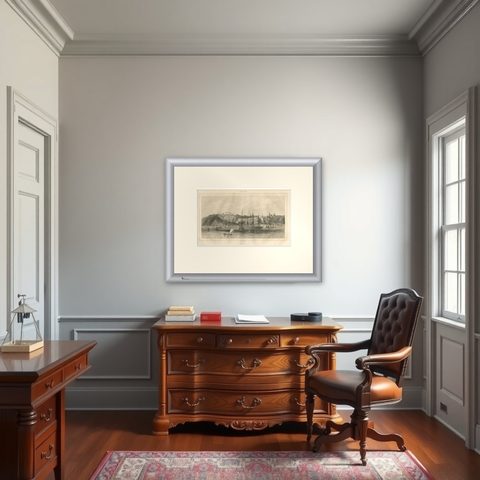 Antique View of Quebec City from the Water, Canadian Harbour Scene, c.1850, shown framed in a room