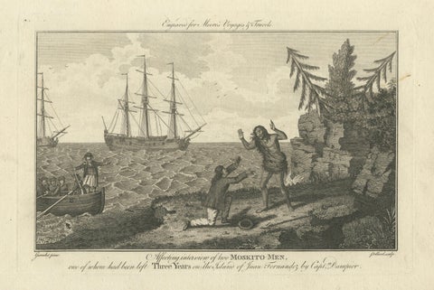 Moskito Men Reunion, Juan Fernandez Island, Dampier Voyage Engraving, ca.1789, close-up 6