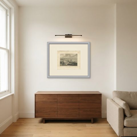 The West India Docks in the Isle of Dogs, Antique London Engraving, 1804, shown framed in a room