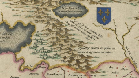 Blaeu Virginia and Florida Map, Decorative Early America Chart, 1642, close-up 6
