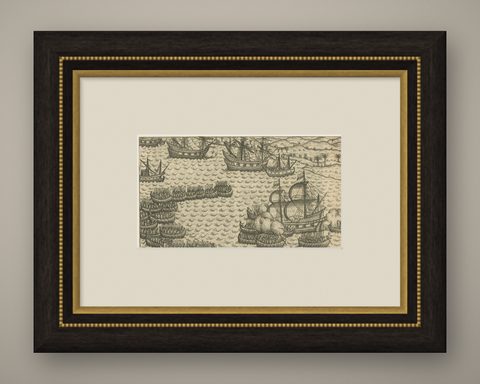 Naval Battle between Dutch and Javanese Fleets near Bantam, Pontanus 1611, shown framed