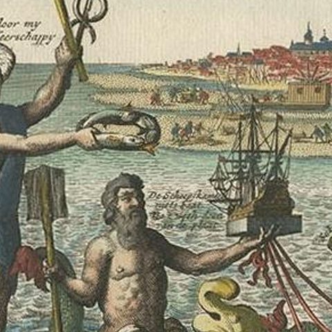 Antique Satirical Print showing Mermaids about the Port of Enkhuizen, circa 1720, close-up 2