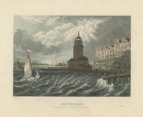 Hand-Colored Engravings of Dutch Maritime Scenes: Amsterdam and River Dort, 1830, close-up 3