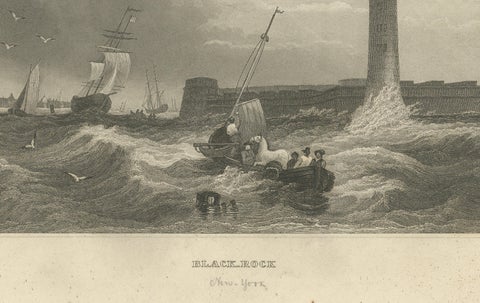 Black Rock New York Harbor Lighthouse, Antique Steel Engraving c.1850, close-up 4