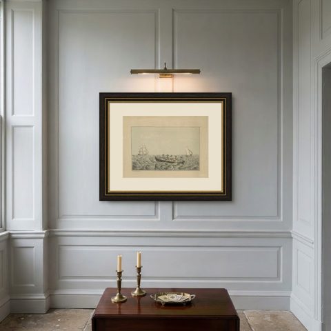 Antique Print of Ships and a Rowing Boat in Old Handcoloring, circa 1880, shown framed on a wall