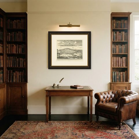 Prince Henry's Naval and Land Battle during the Seven Years' War Engraved, 1667, shown framed in a room
