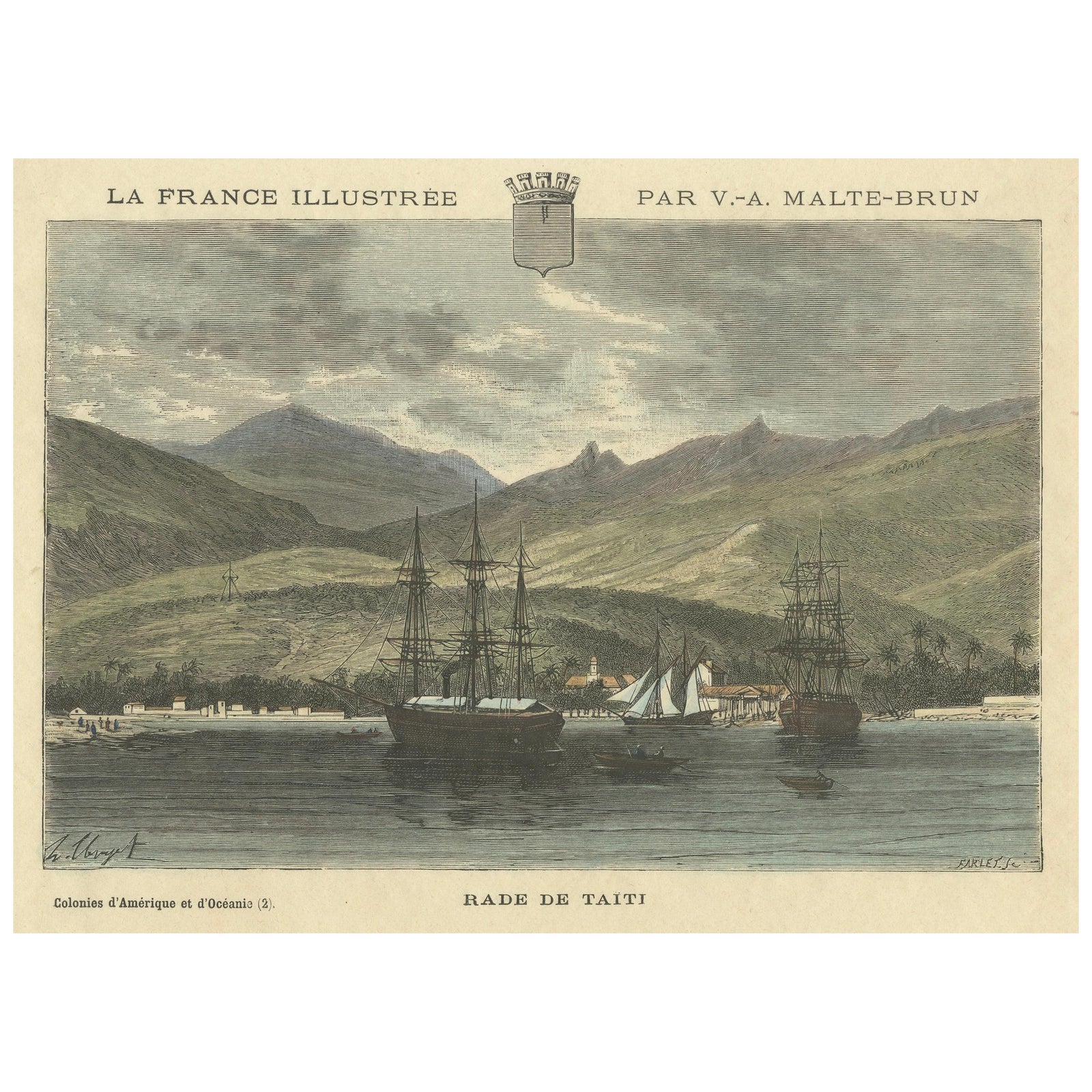 Rade de Taïti: 1883 Hand-Colored Engraving of Tahiti Harbor, La France Illustree